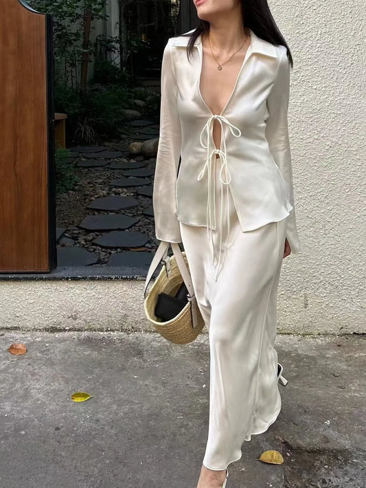 Satin Tie-Front Long Sleeve Shirt NicholesGifts