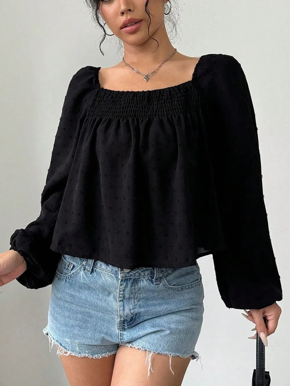 Swiss Dot Square Neck Long Sleeve Blouse nicholesgifts