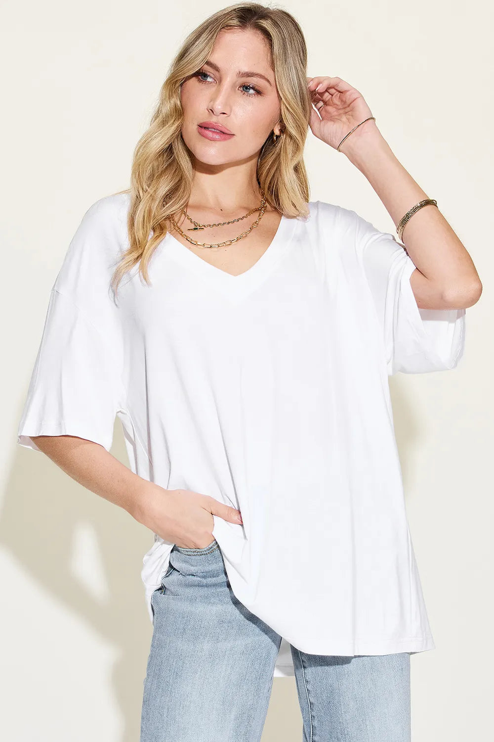 Basic Bae Full Size Bamboo V-Neck Drop Shoulder T-Shirt NicholesGifts