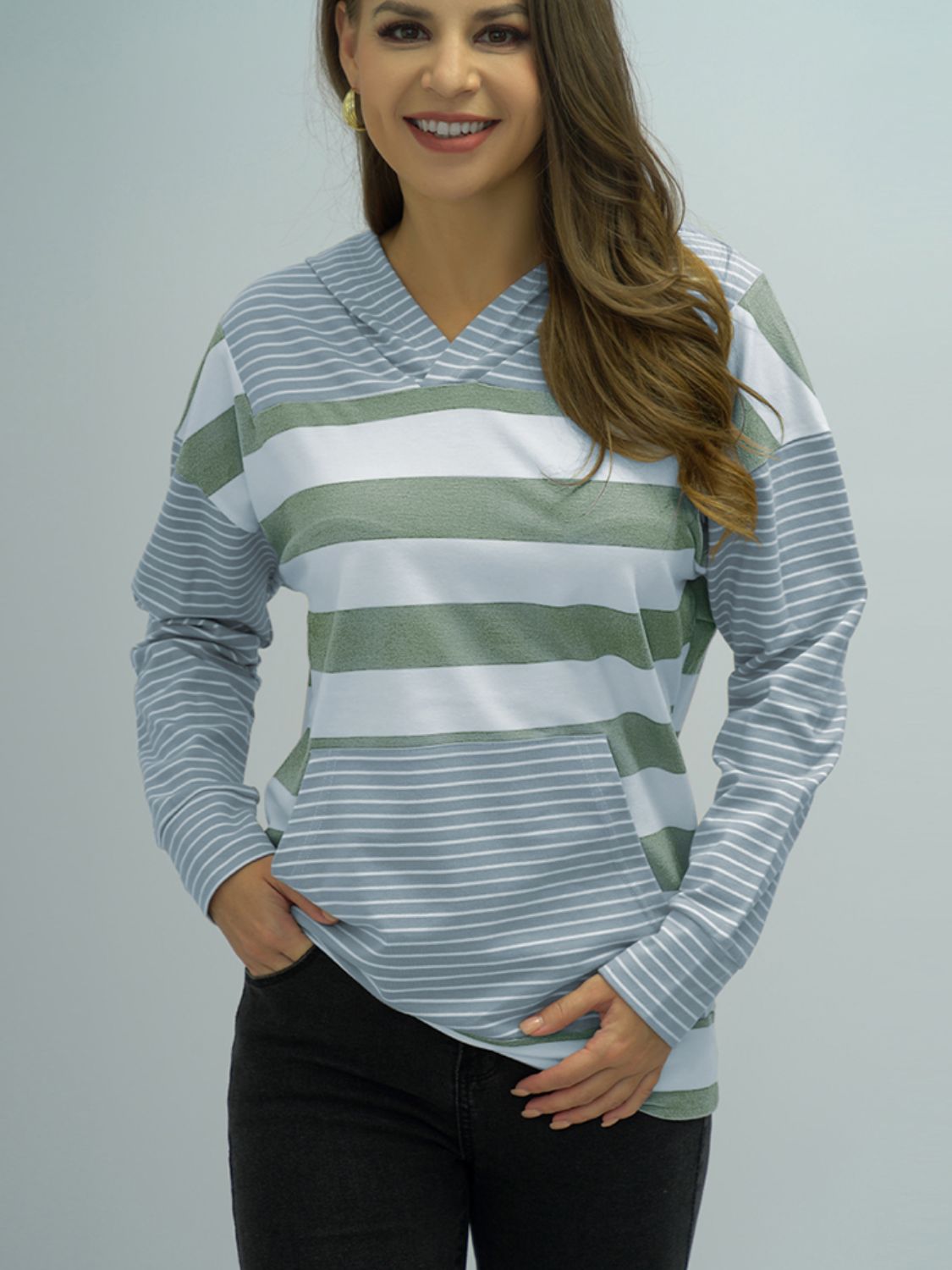 Shiny Full Size Striped Long Sleeve Hoodie Trendsi
