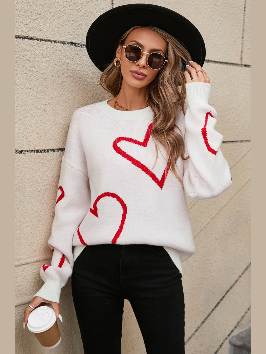 Women Angel Wings Heart Dropped Shoulder Long Sleeve Sweater nicholesgifts