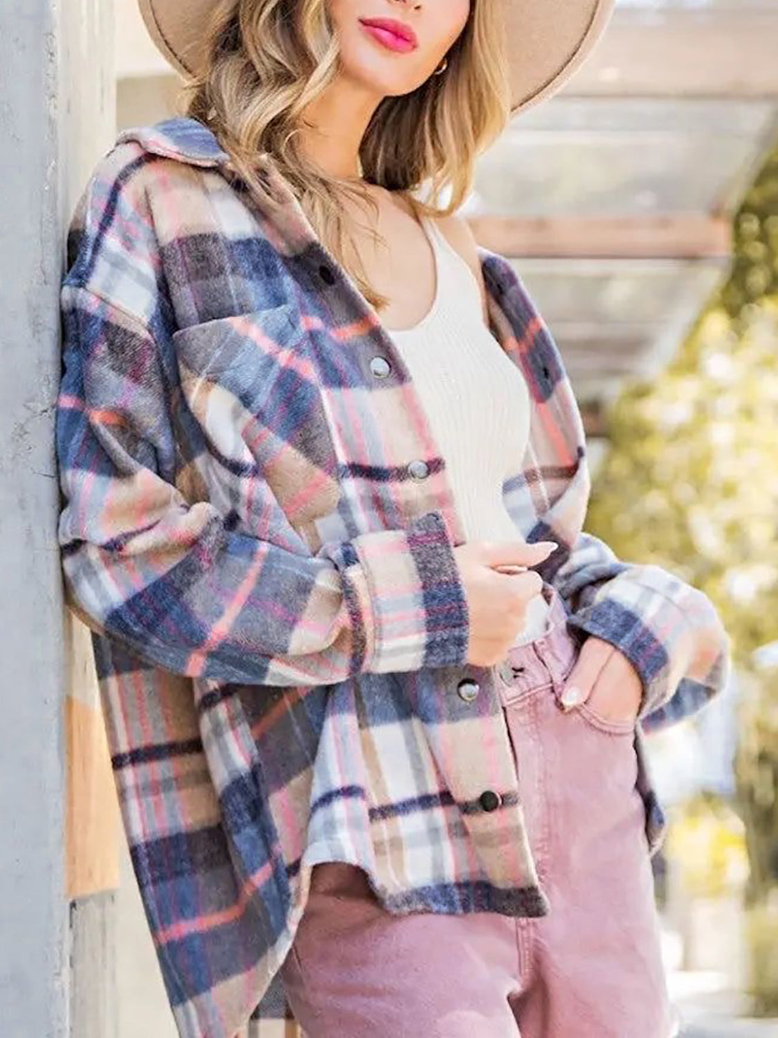 Snap Up Plaid Collared Neck Jacket with Pocket NicholesGifts