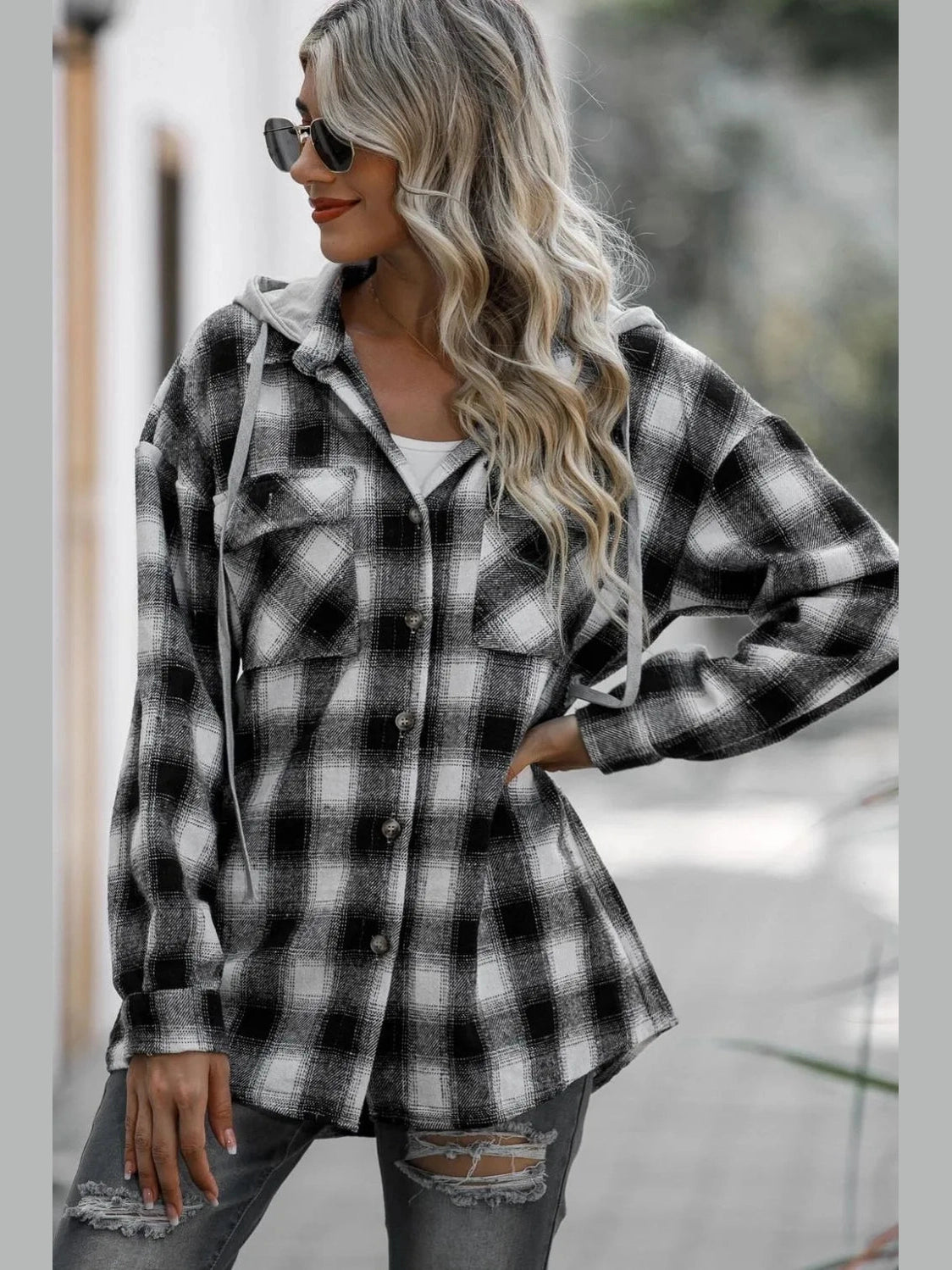 Double Take Drawstring Plaid Long Sleeve Hooded Shacket Trendsi