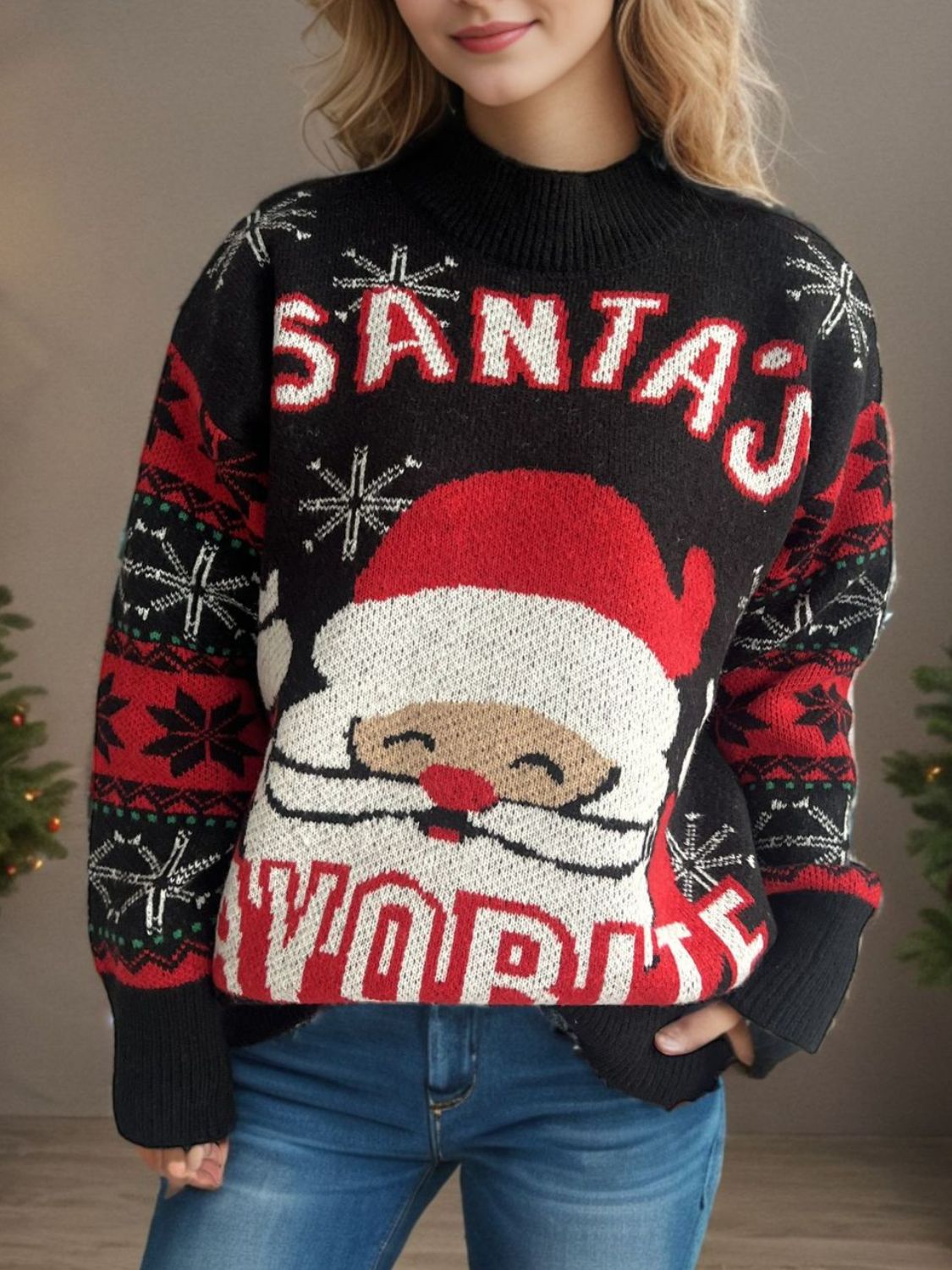 Santa Mock Neck Long Sleeve Sweater NicholesGifts