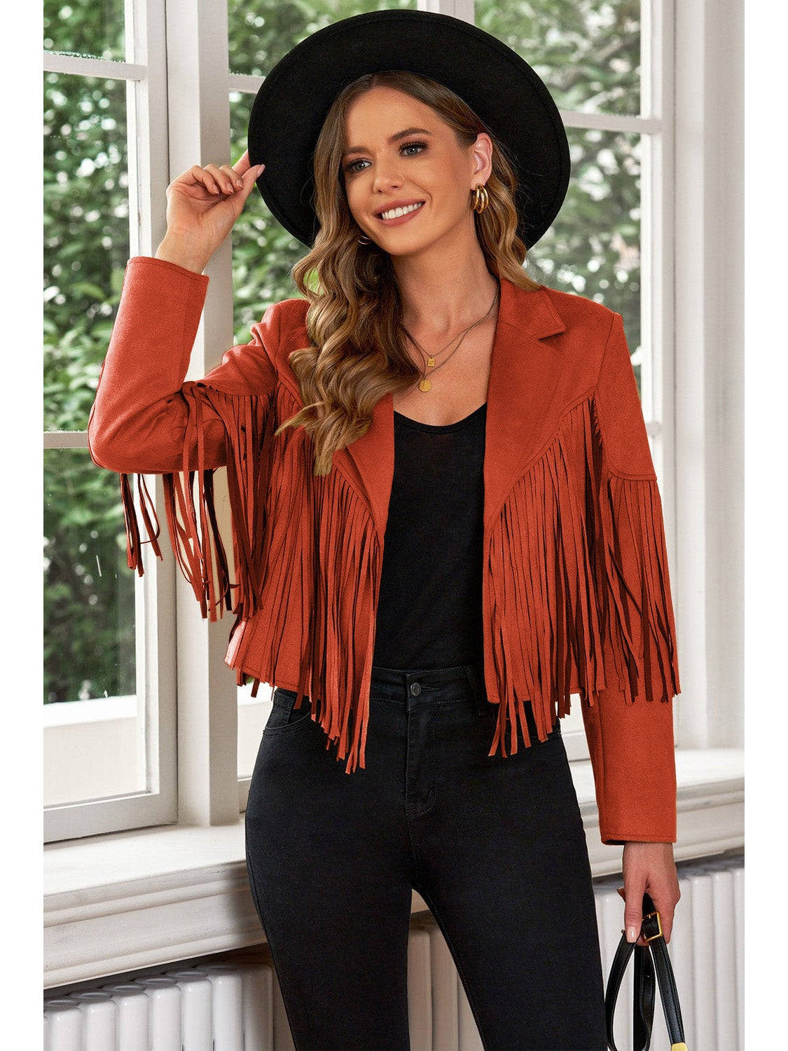 Fringe Trim Lapel Collar Cropped Blazer NicholesGifts