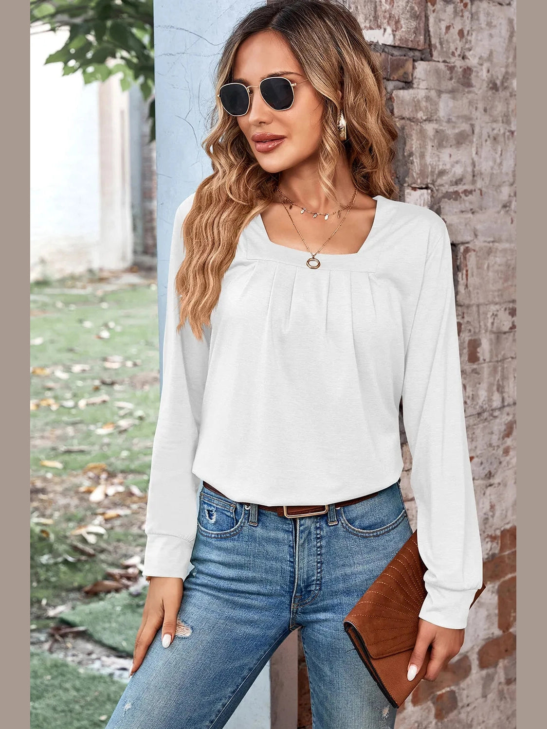 Ruched Square Neck Long Sleeve T-Shirt NicholesGifts