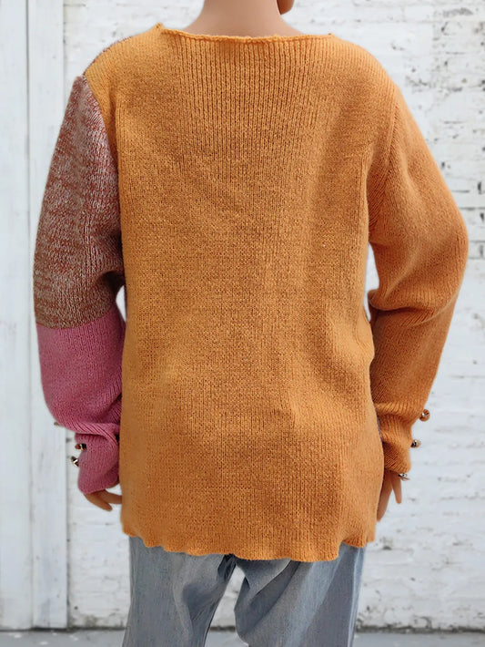 Color Block Decorative Button Long Sleeve Sweater nicholesgifts