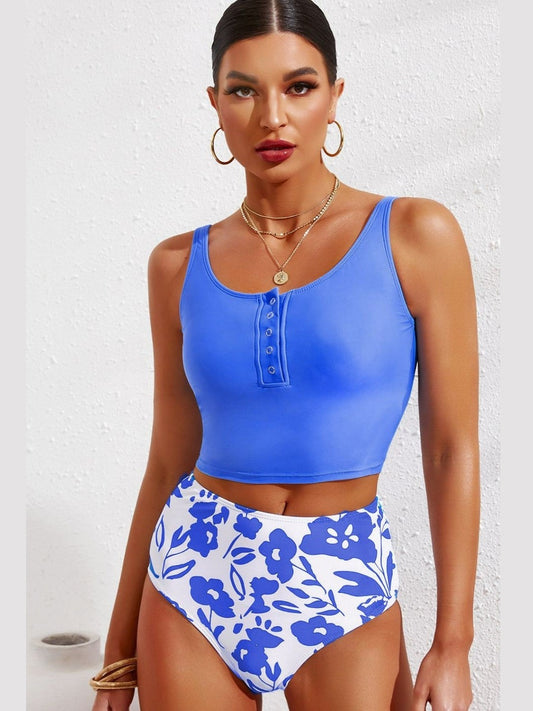 Women Half Snap Square Neck Tankini Set