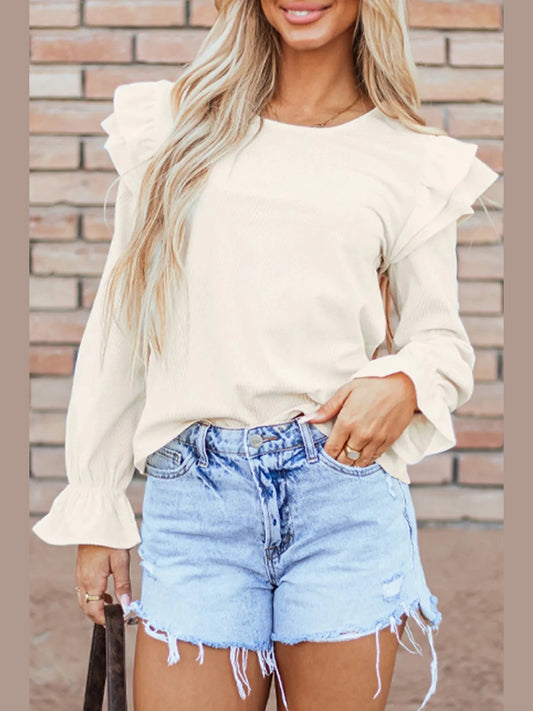 Ruffled Round Neck Flounce Sleeve Top NicholesGifts