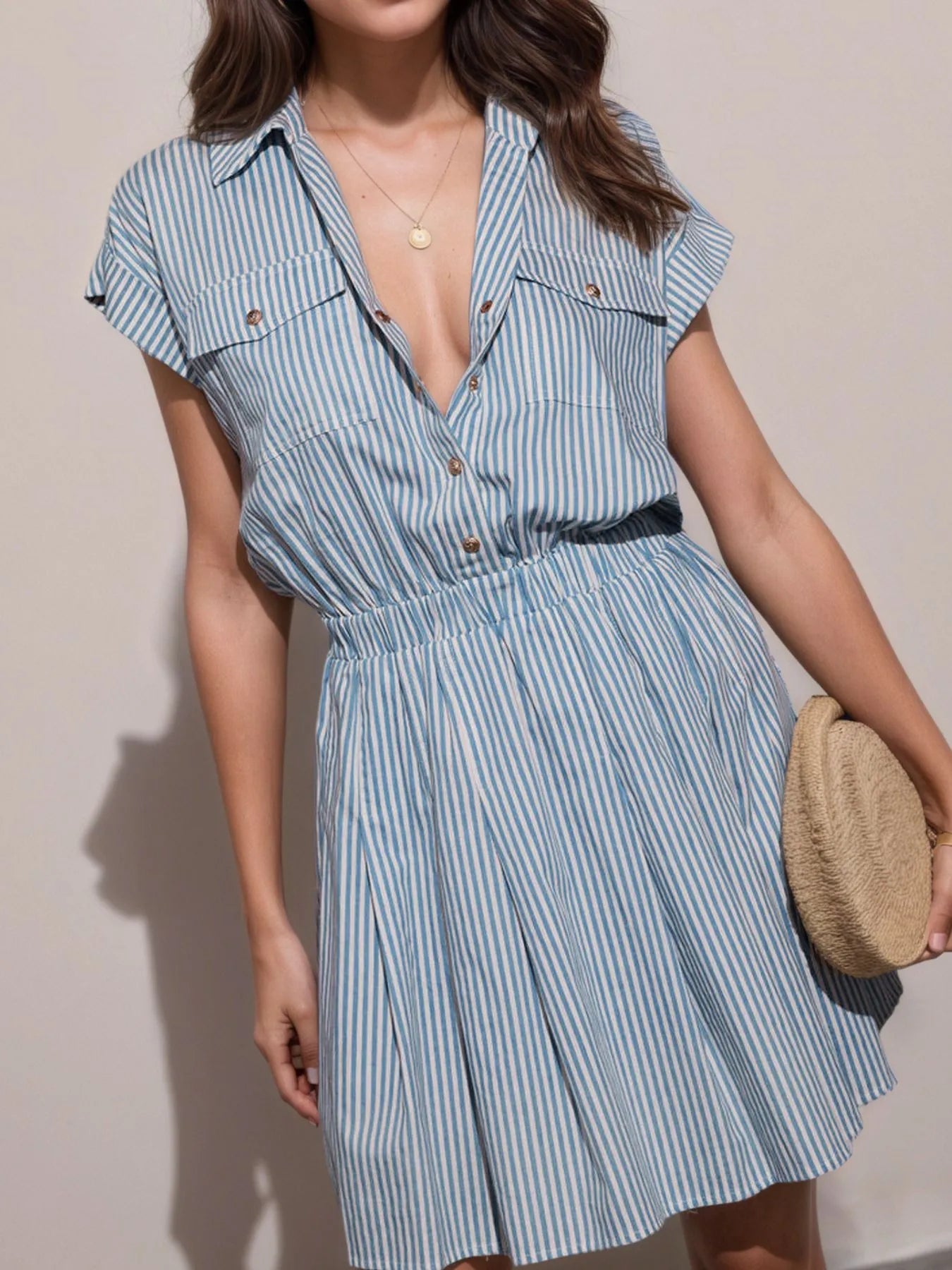 Hlaf Button Striped Cap Sleeve Mini Shirt Dress NicholesGifts