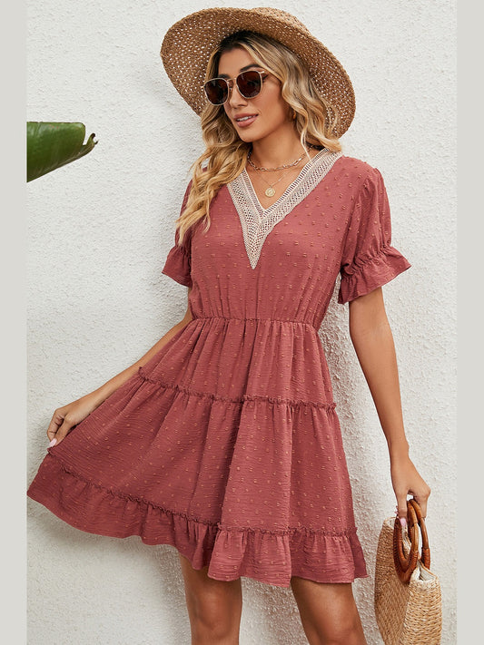 Swiss Dot V-Neck Flounce Sleeve Mini Dress