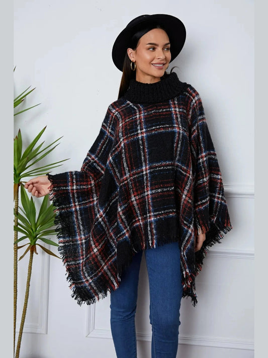Shiny Turtleneck Plaid Raw Hem Sweater Trendsi