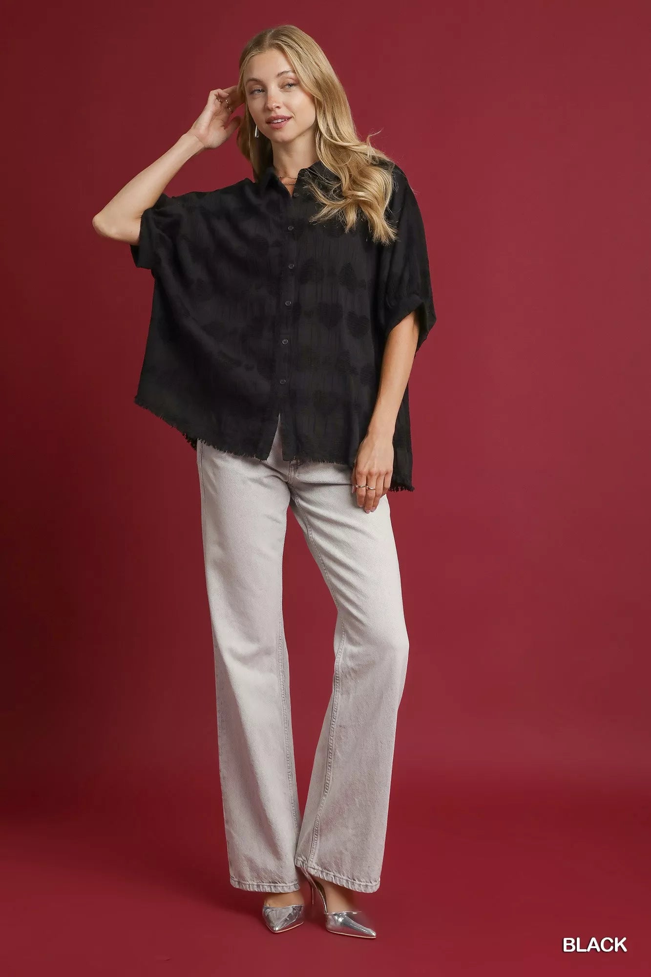Women Umgee Jacquard Heart Collared Black Short Shirt