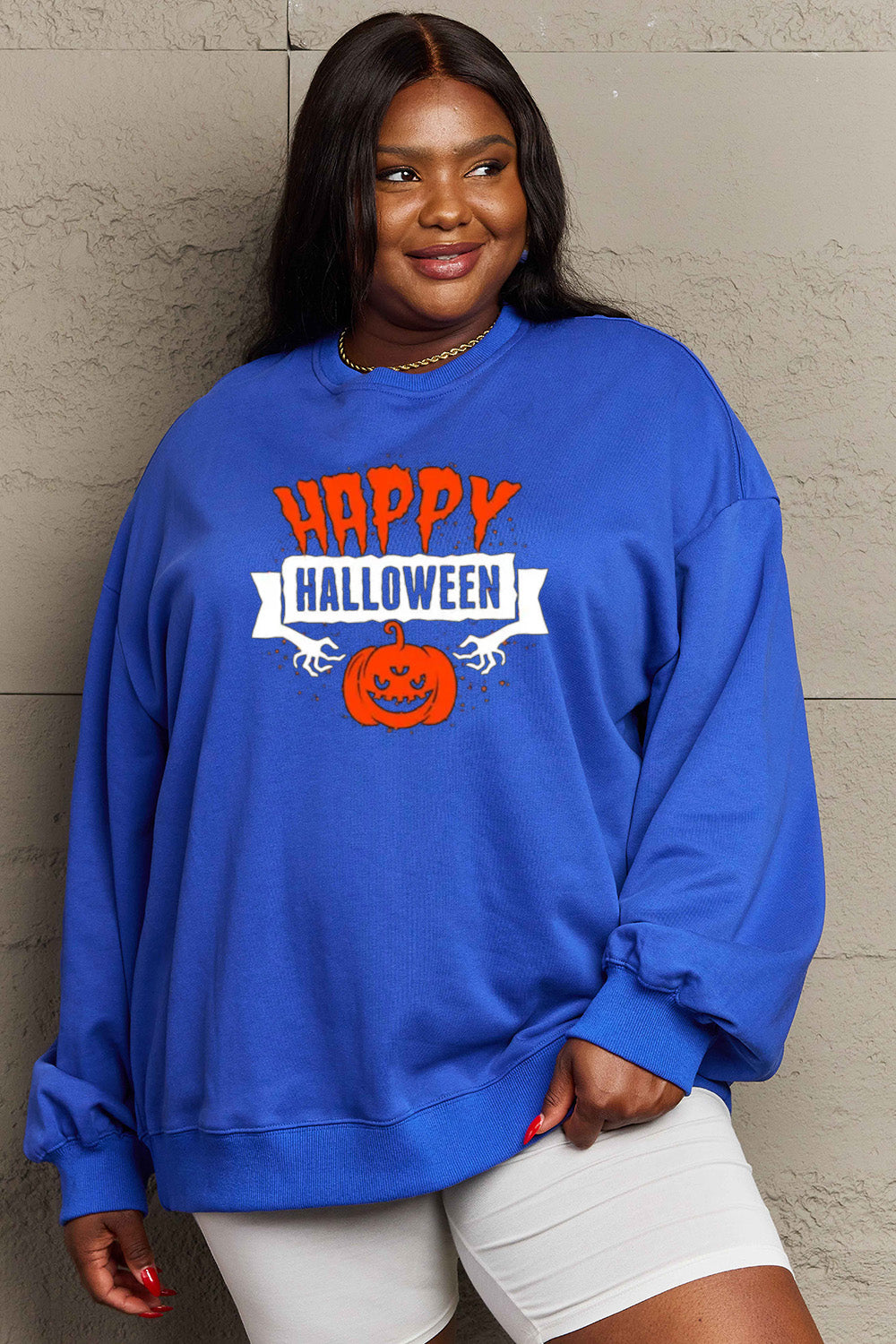 Women Simply Love Full Size Happy HAlloween Graphic Sweatshirt NicholesGifts