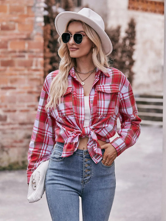 Plaid Button-Down Long Sleeve Shirt Trendsi