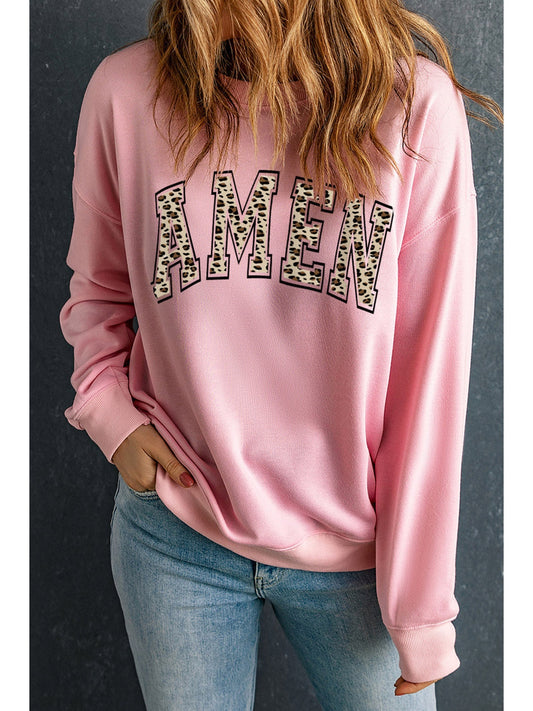 Women Round Neck Dropped Shoulder Amen Graphic Sweatshirt