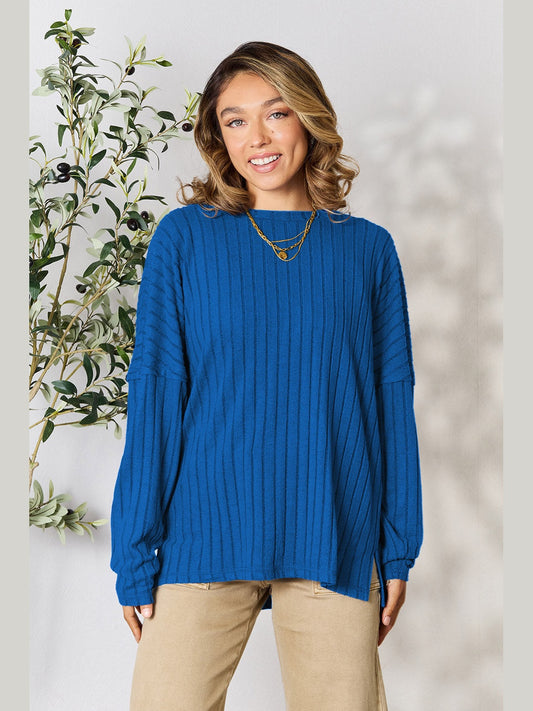 Basic Bae Full Size Ribbed Round Neck Slit Knit Top