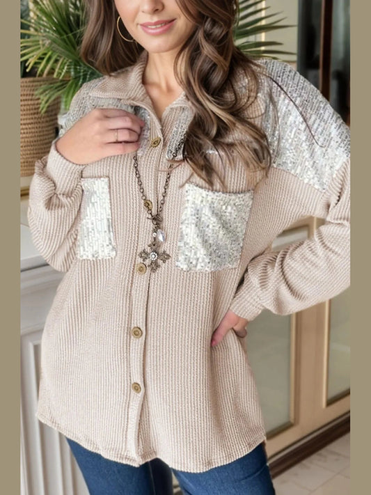 Sequin Button Up Dropped Shoulder Jacket nicholesgifts