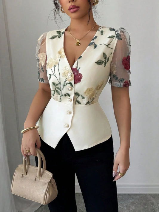 Floral Print V-Neck Button-Up Shirt Trendsi