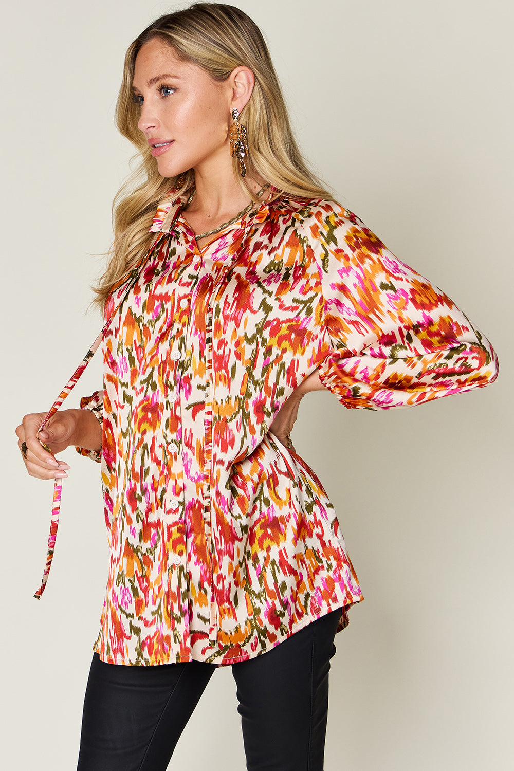 Women Double Take Full Size Printed Button Up Long Sleeve Shirt NicholesGifts