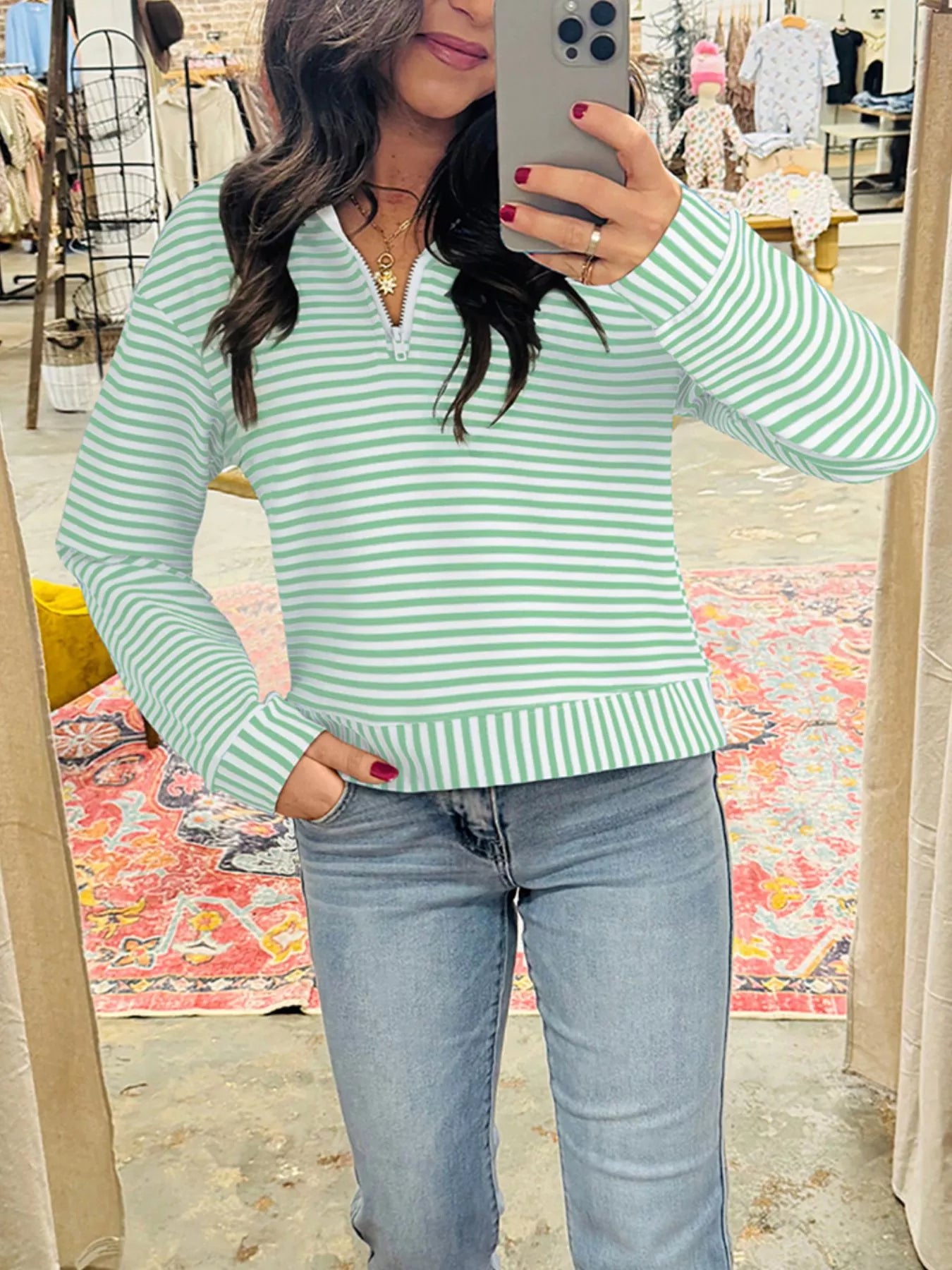 Stripe Quarter Zip Collar Long Sleeve Top Trendsi