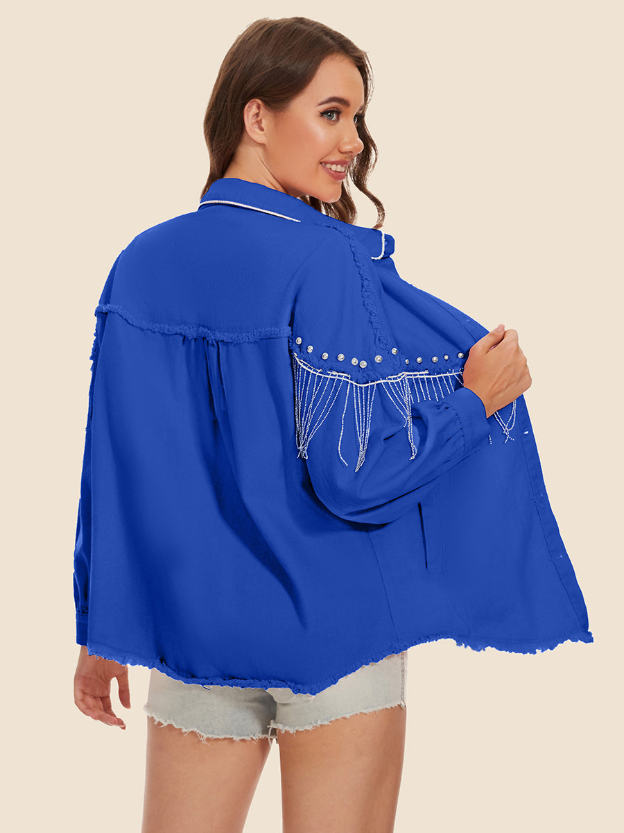 Raw Hem Fringe Detail Denim Jacket nicholesgifts
