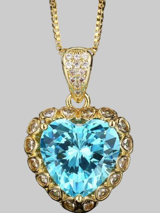 Women Heart-Shaped Aquamarine Pendant Necklace nicholesgifts