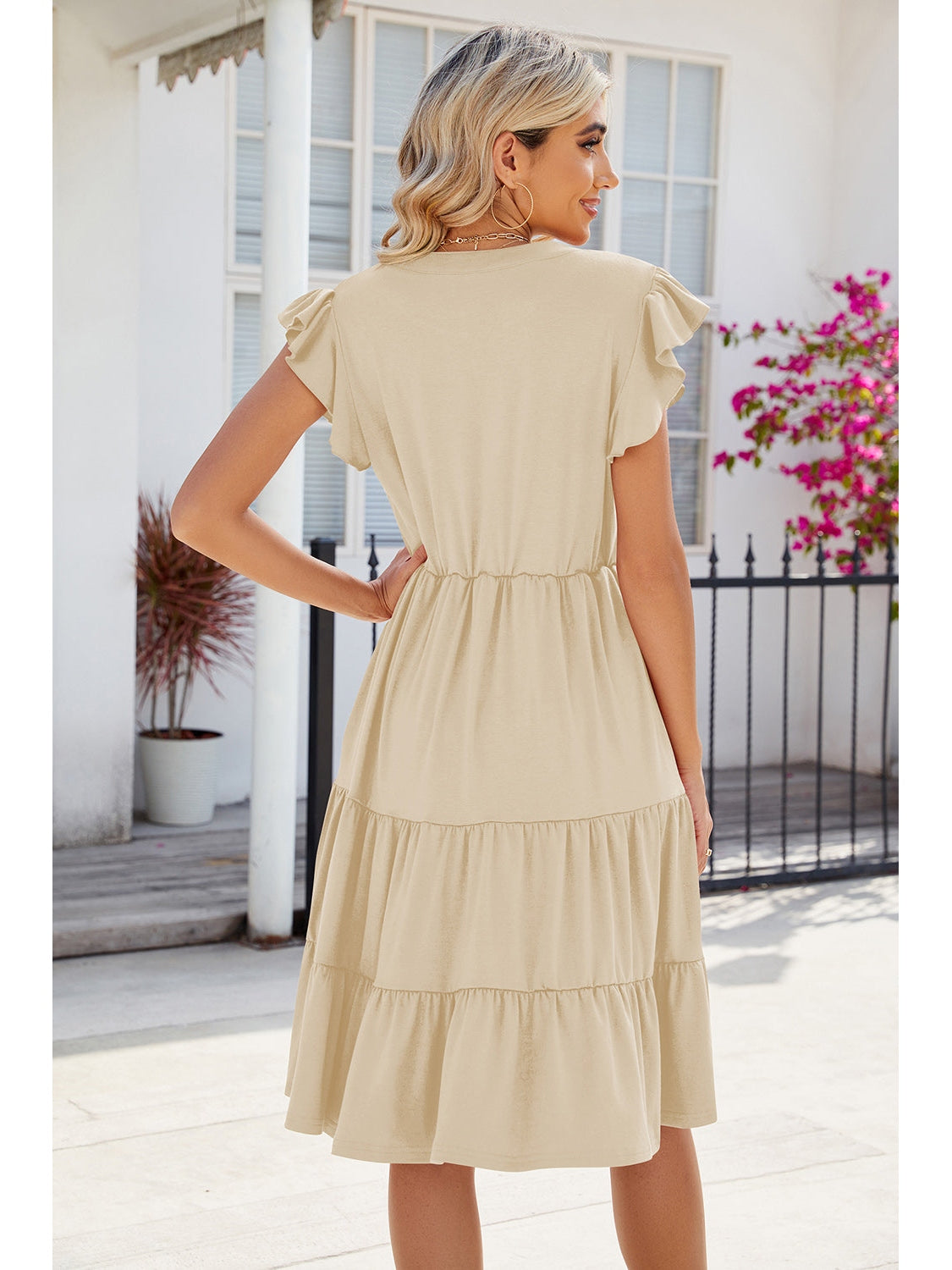 Women Ruched Notched Cap Sleeve Dress