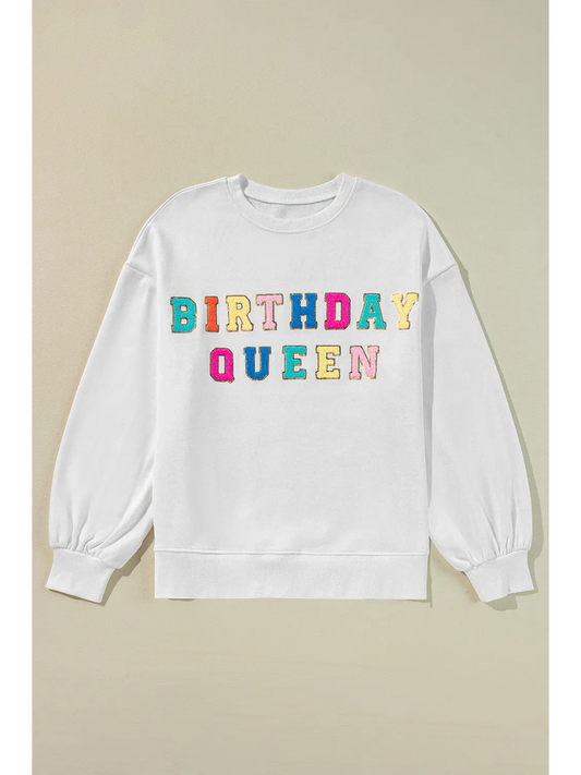 Women Birthday Queen Sequin Round Neck Long Sleeve Sweatshirt nicholesgifts