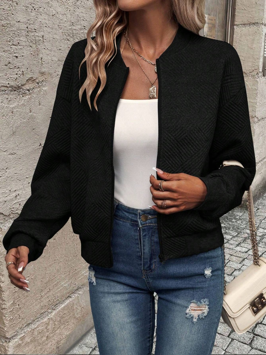 Textured Zip Up Long Sleeve Jacket NicholesGifts