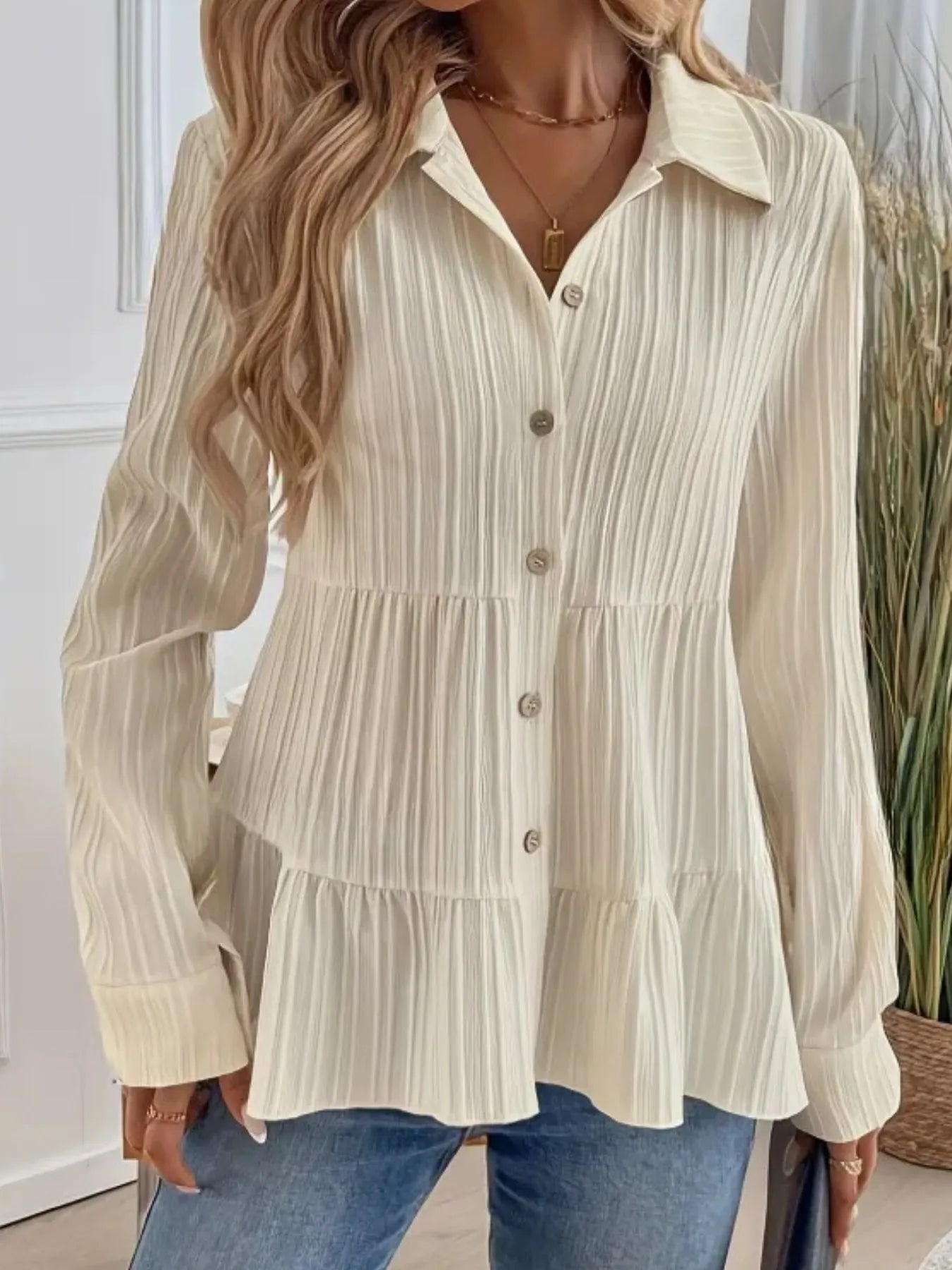 Women Striped Button-Down Tiered Shirt