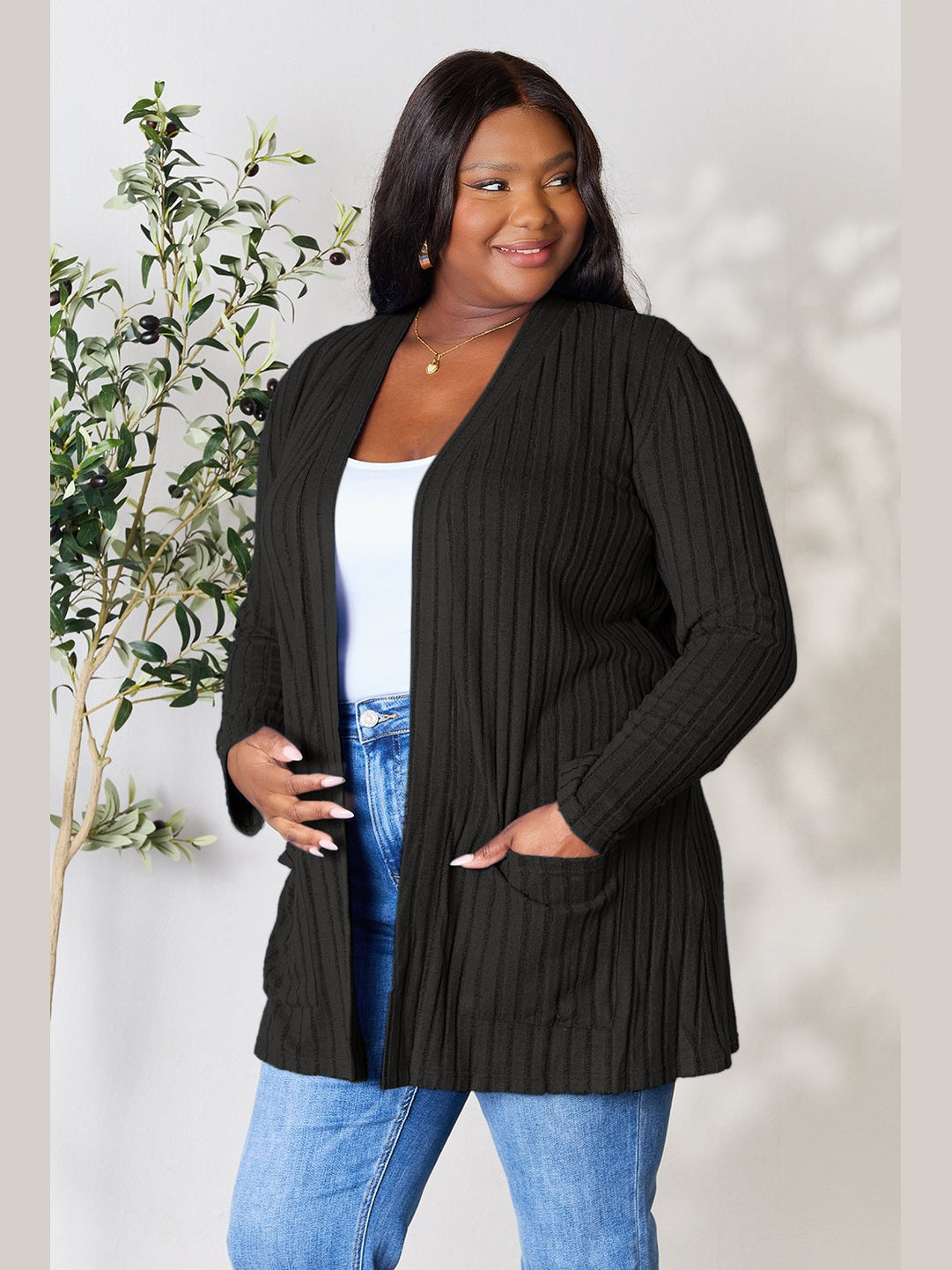 NicholesGifts Women Basic Bae Full Size Ribbed Open Front Cardigan with Pockets NicholesGifts