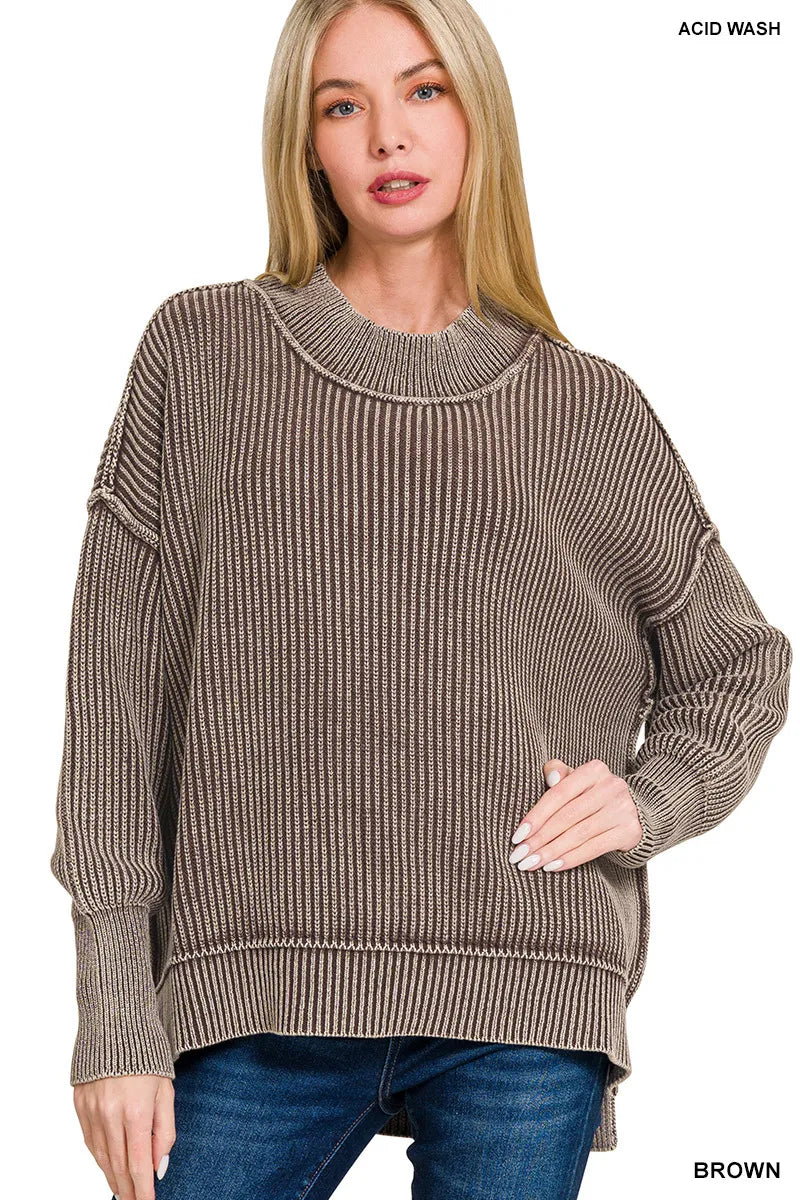 Zenana Washed Side Slit Oversized Sweater