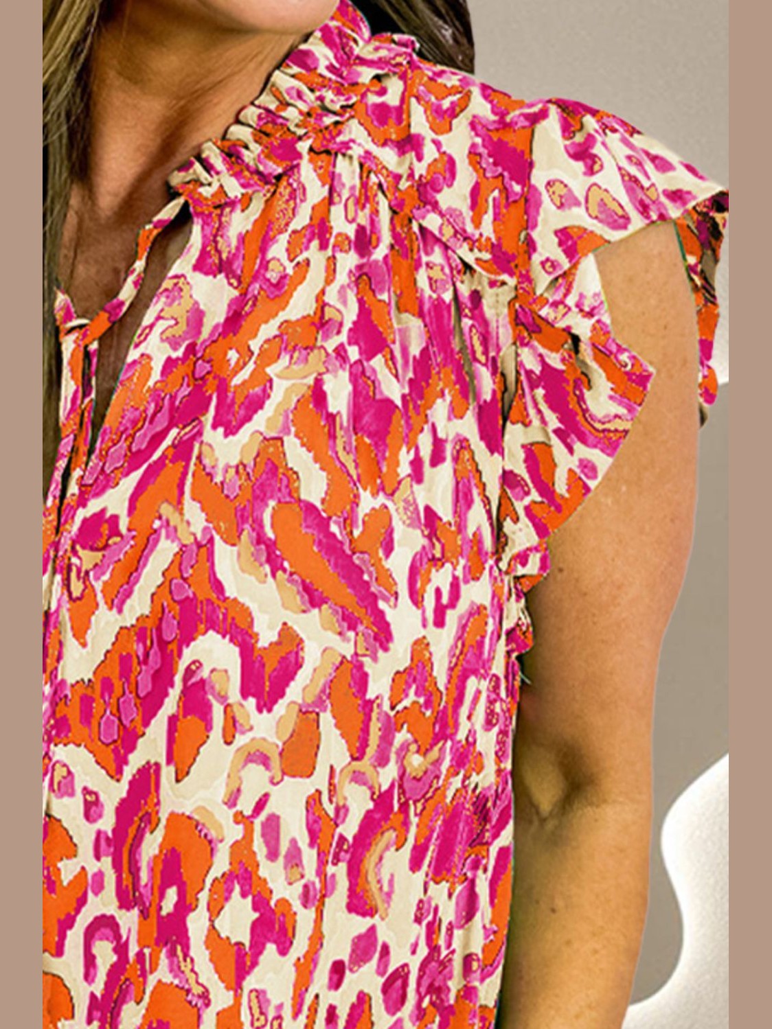 Ruffled Printed Tie Neck Cap Sleeve Blouse NicholesGifts