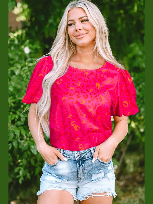 Leopard Round Neck Short Sleeve Blouse