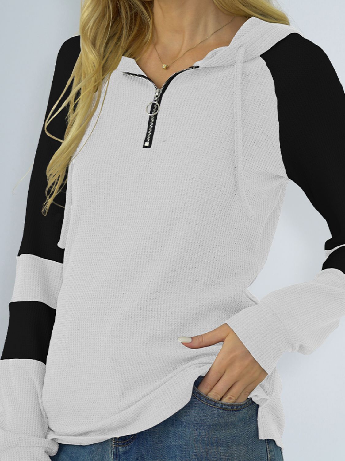 NicholesGifts Women Shiny Waffle-Knit Raglan Sleeve Zipper Front Hoodie NicholesGifts