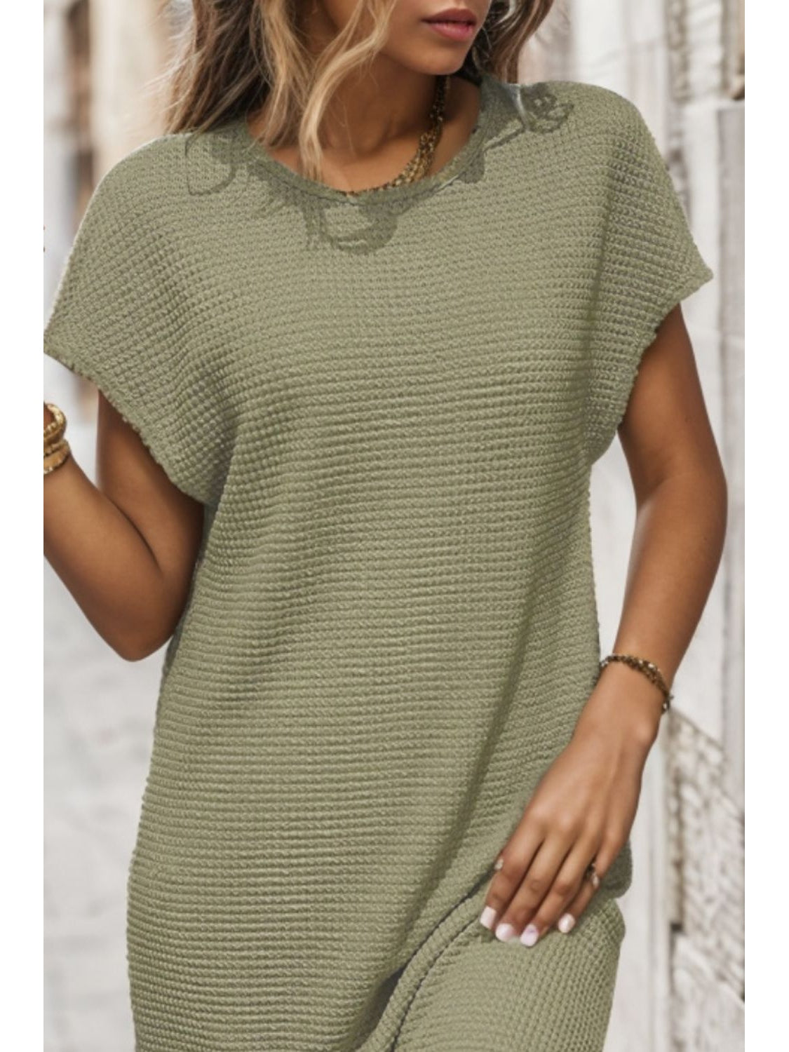 Waffle-Knit Cap Sleeve Knee Length Dress