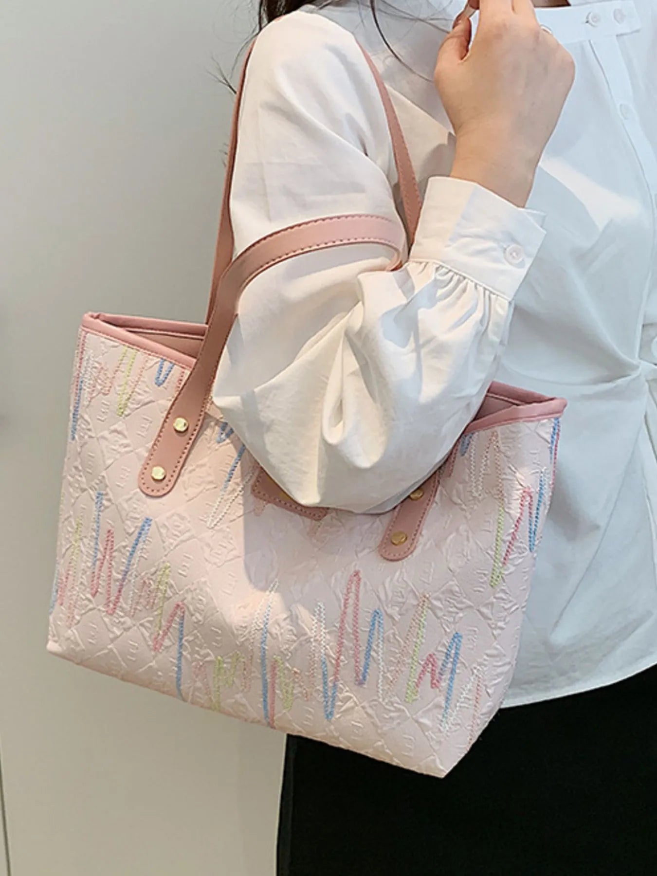 Contrast PU Leather Tote Bag Trendsi