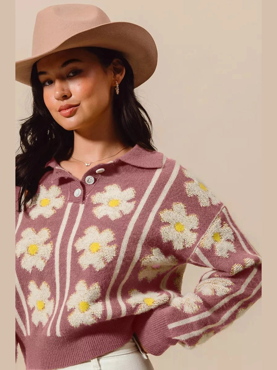 SO ME Floral Stripe Polo Collar Sweater
