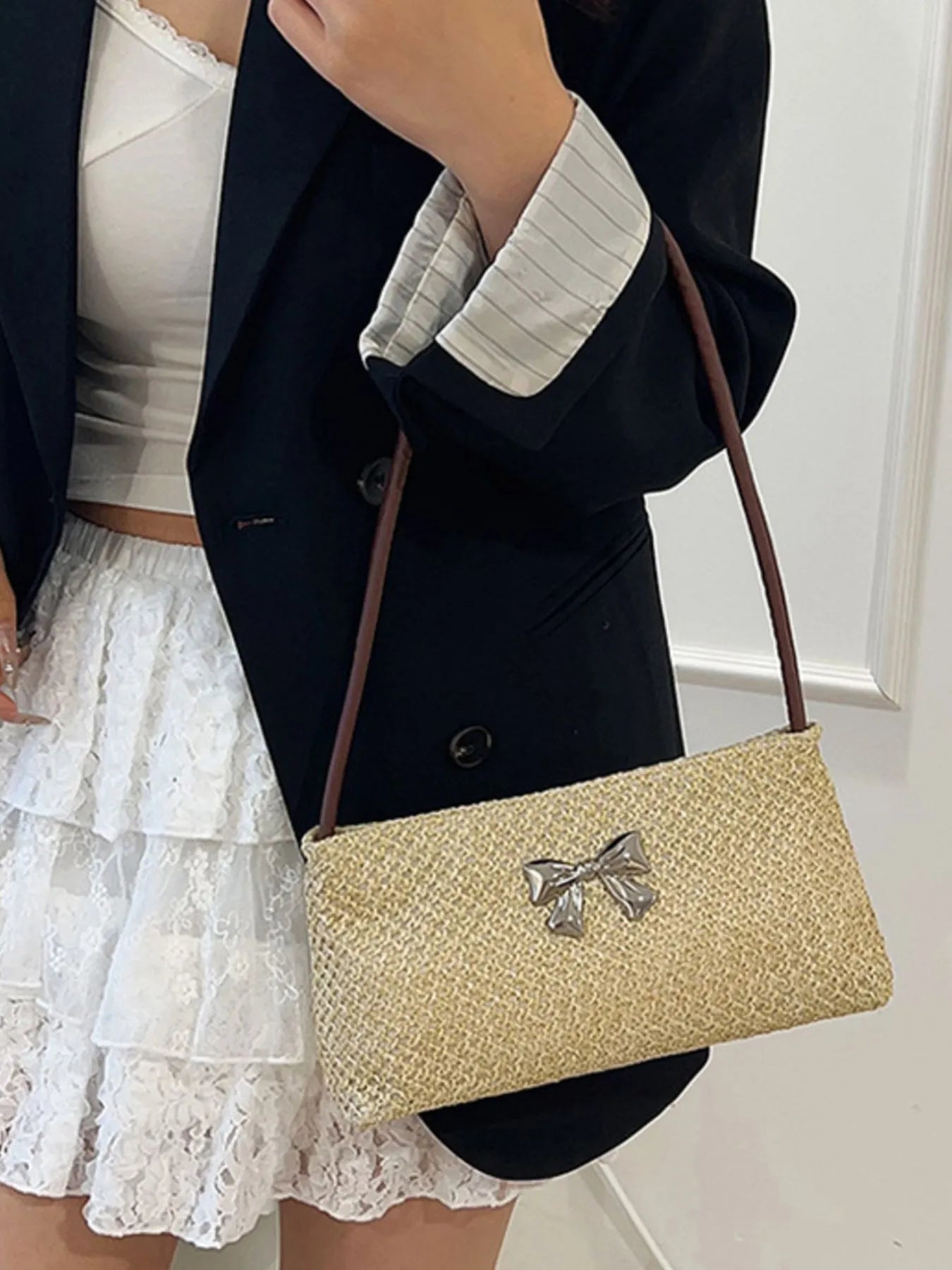 Woven Straw Shoulder Bag with Bow Detail Trendsi