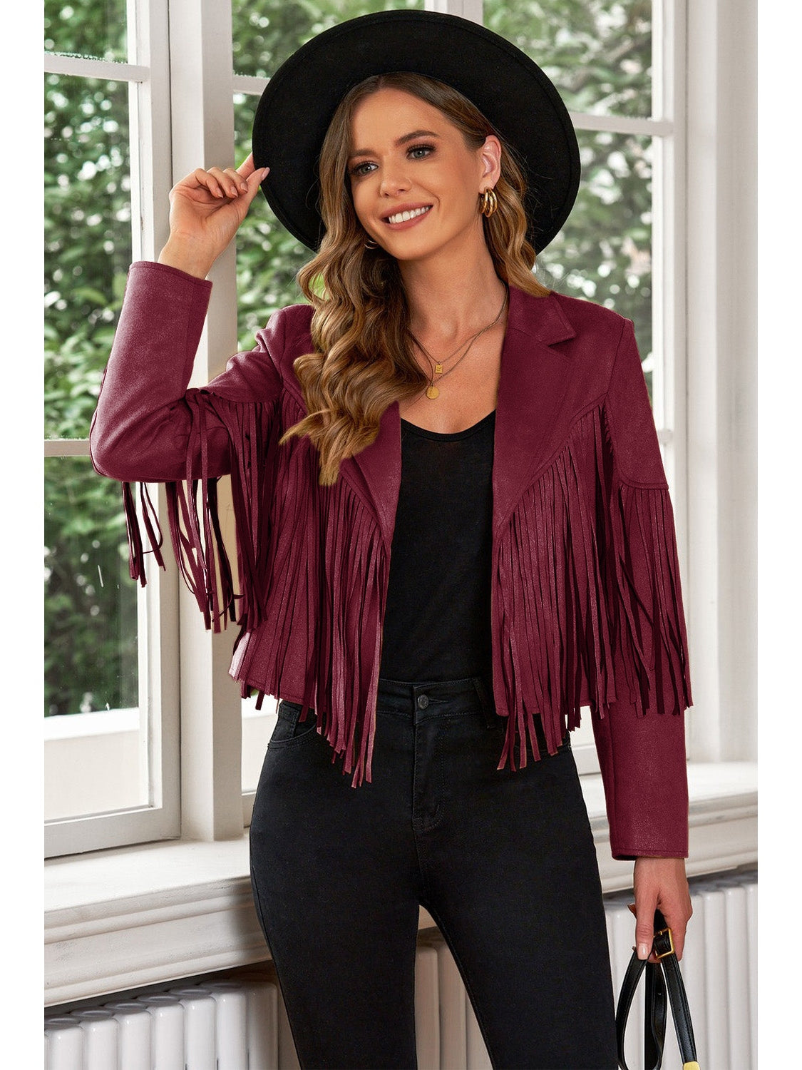 Fringe Trim Lapel Collar Cropped Blazer NicholesGifts