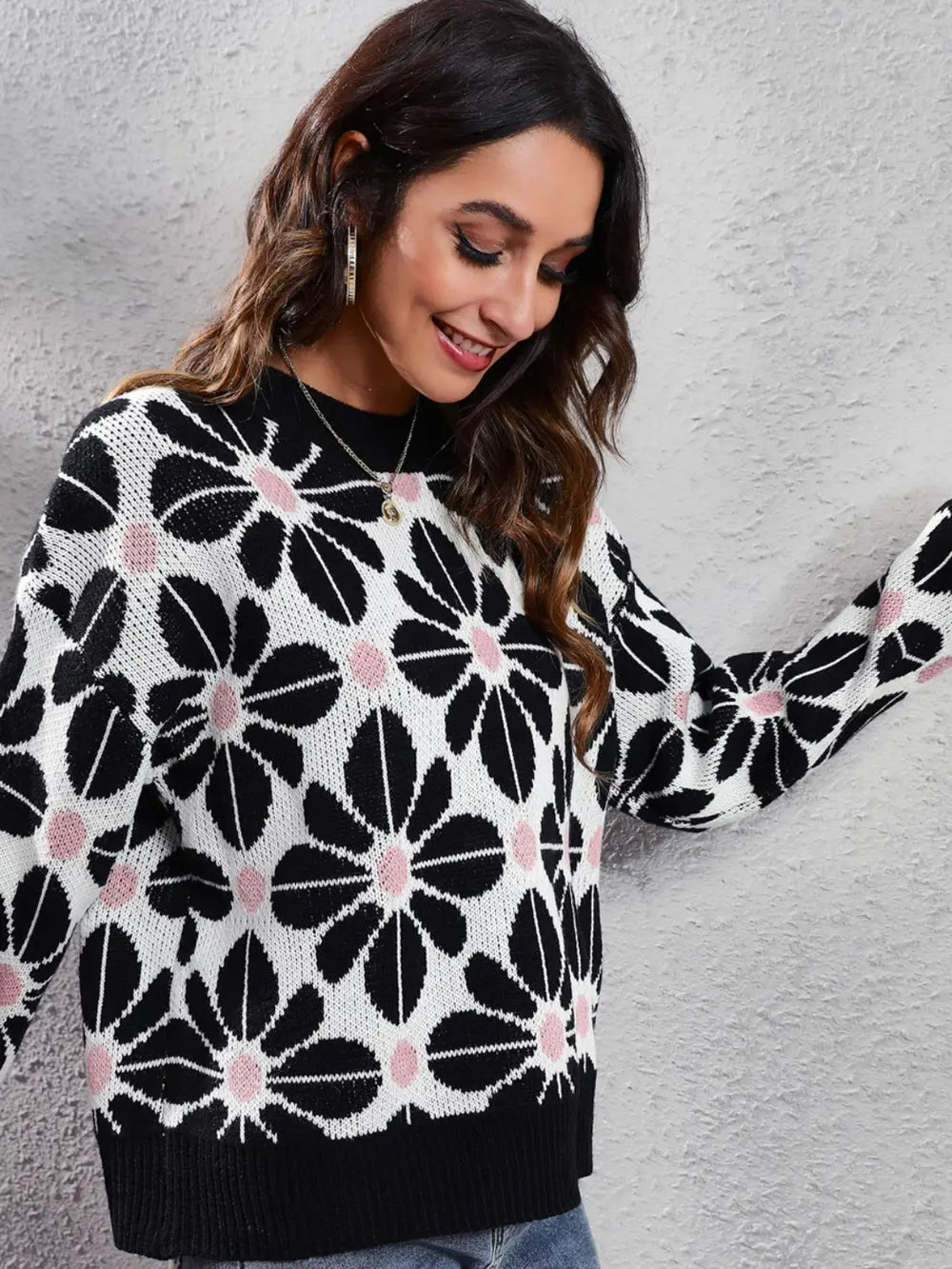Floral Round Neck Long Sleeve Sweater nicholesgifts
