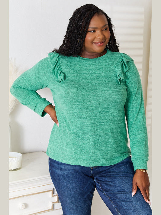 Women Double Take Ruffle Shoulder Long Sleeve T-Shirt