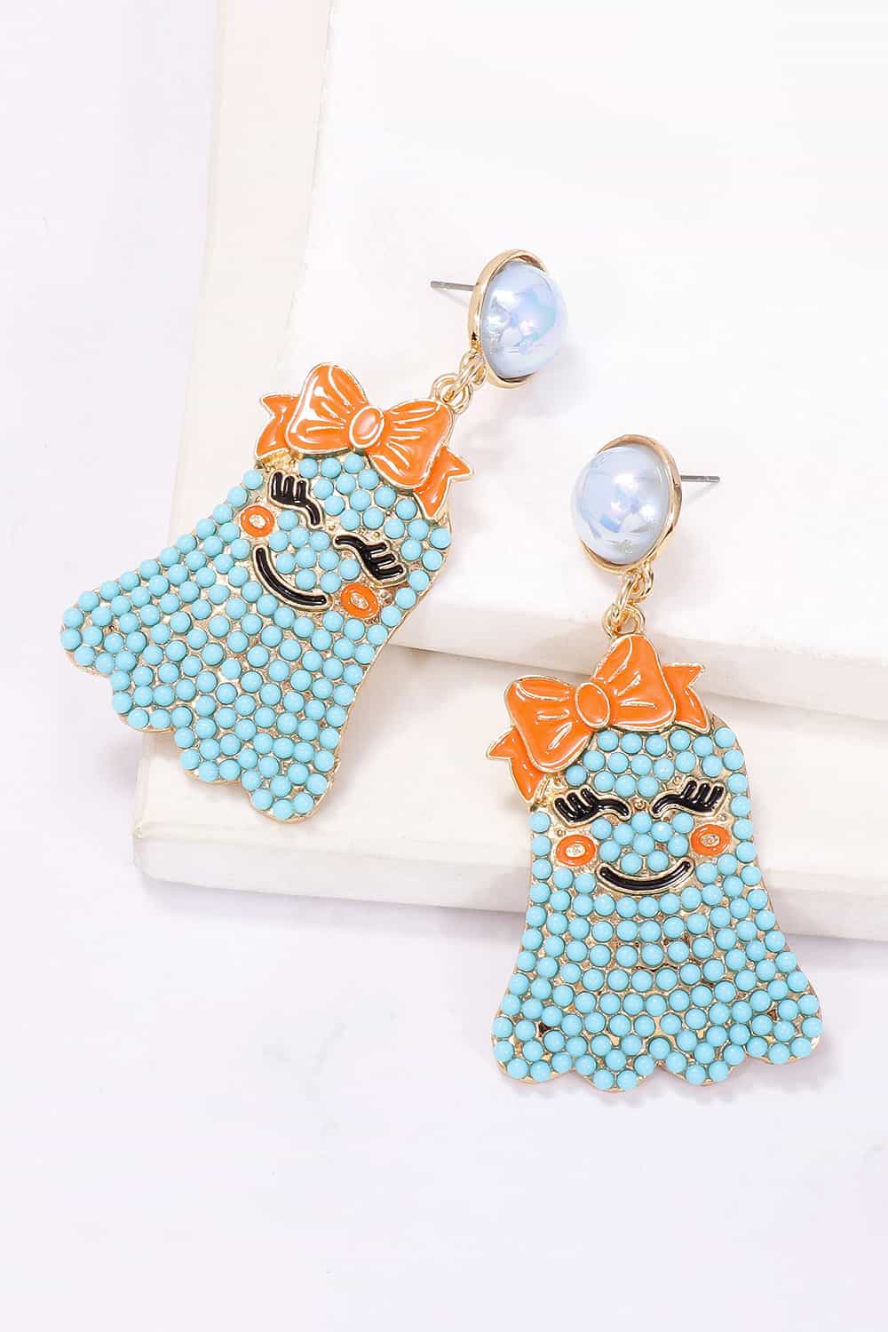 Women Smiling Ghost Shape Synthetic Pearl Earrings NicholesGifts