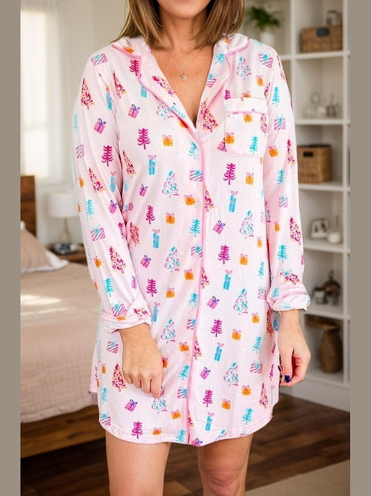 Printed Collared Neck Long Sleeve Lounge Dress NicholesGifts