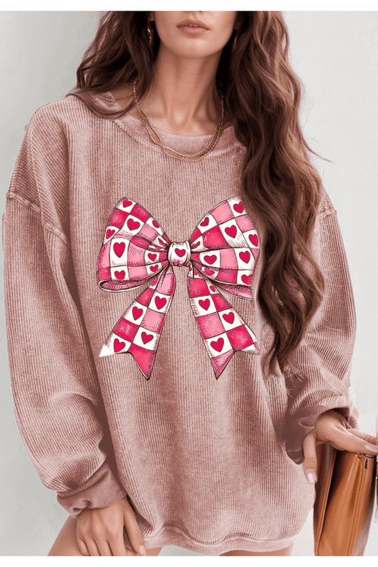 NicholesGifts Women Valentine’s Day Bow Drop Shoulder Long Sleeve Sweatshirt NicholesGifts