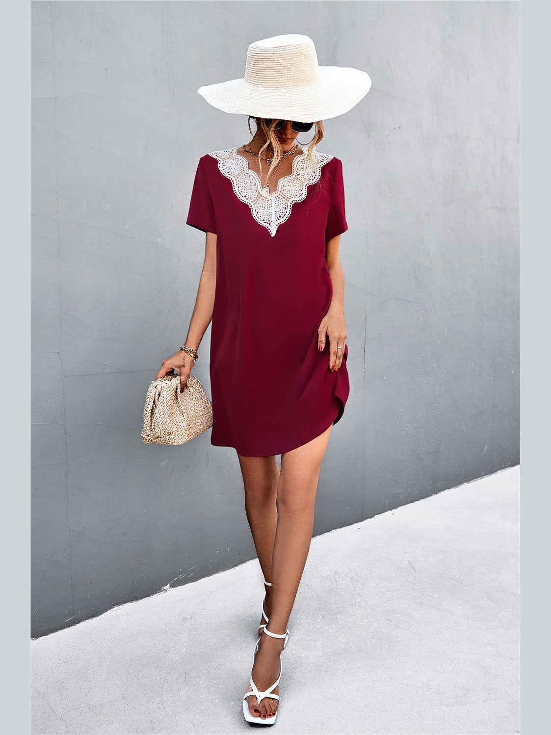 Spliced Lace Contrast Short Sleeve Dress NicholesGifts