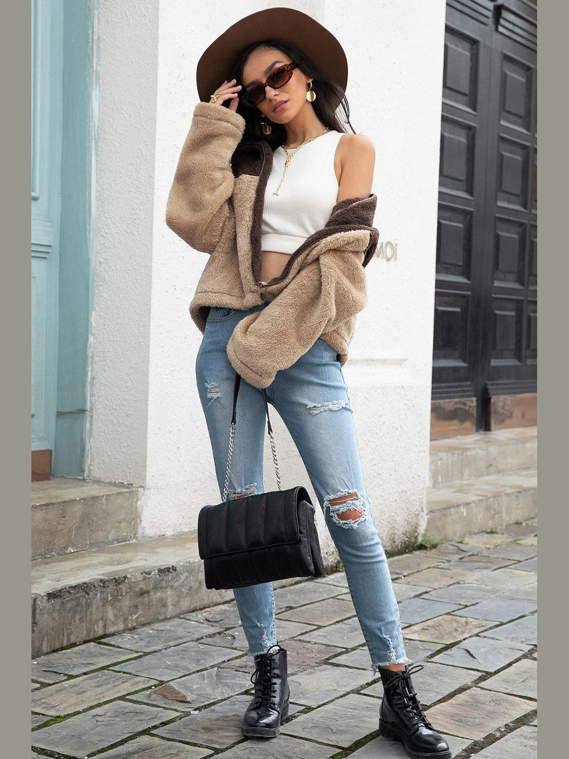 Two-Tone Collared Neck Fuzzy Jacket nicholesgifts
