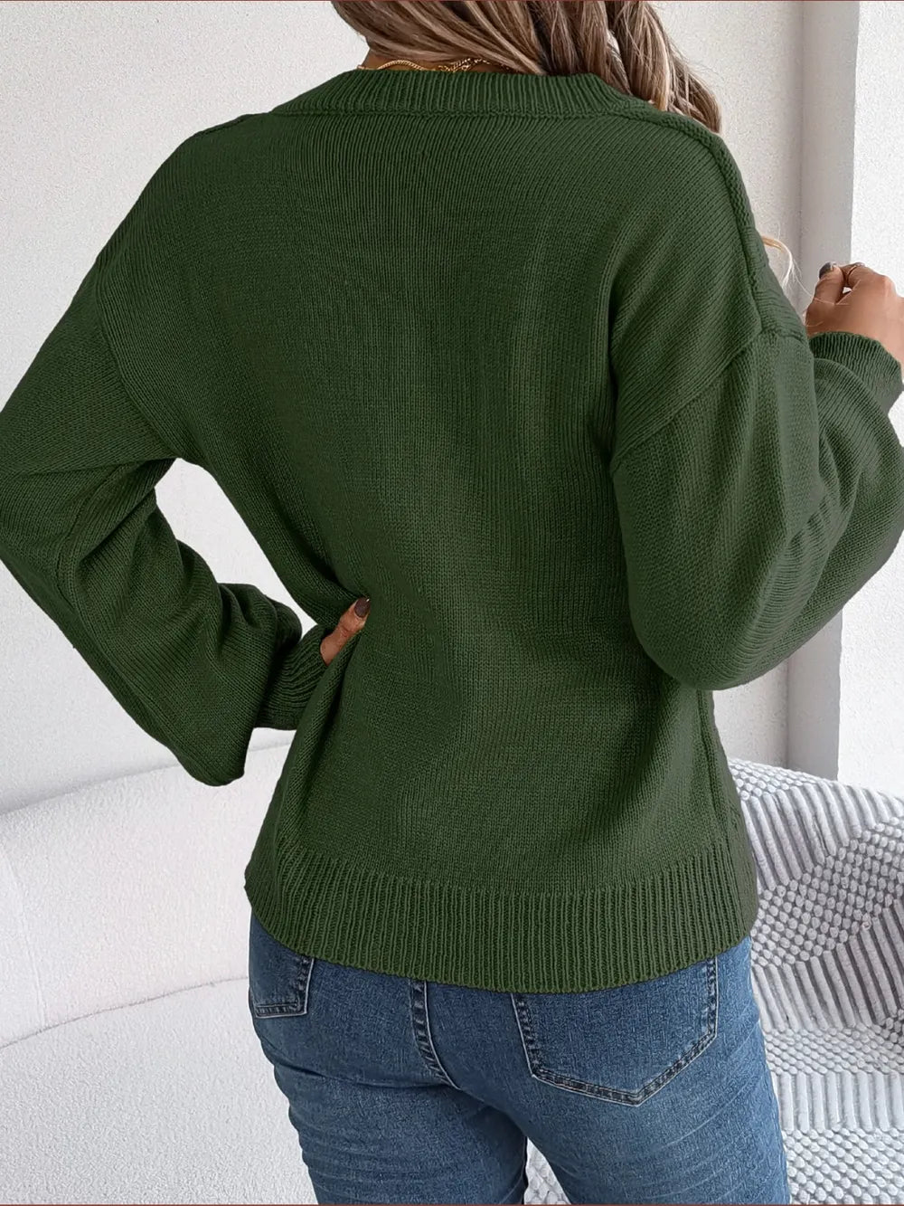Cable-Knit Buttoned V-Neck Sweater Trendsi