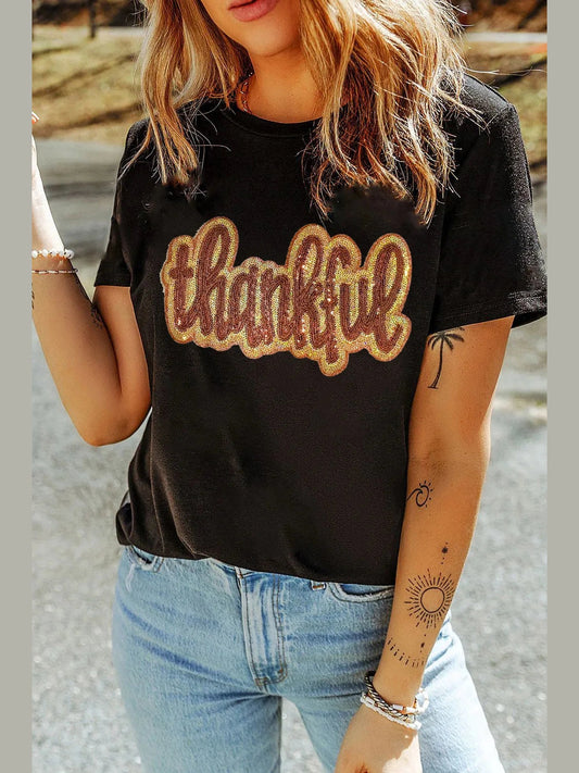 THANKFUL Sequin Round Neck Short Sleeve T-Shirt Trendsi